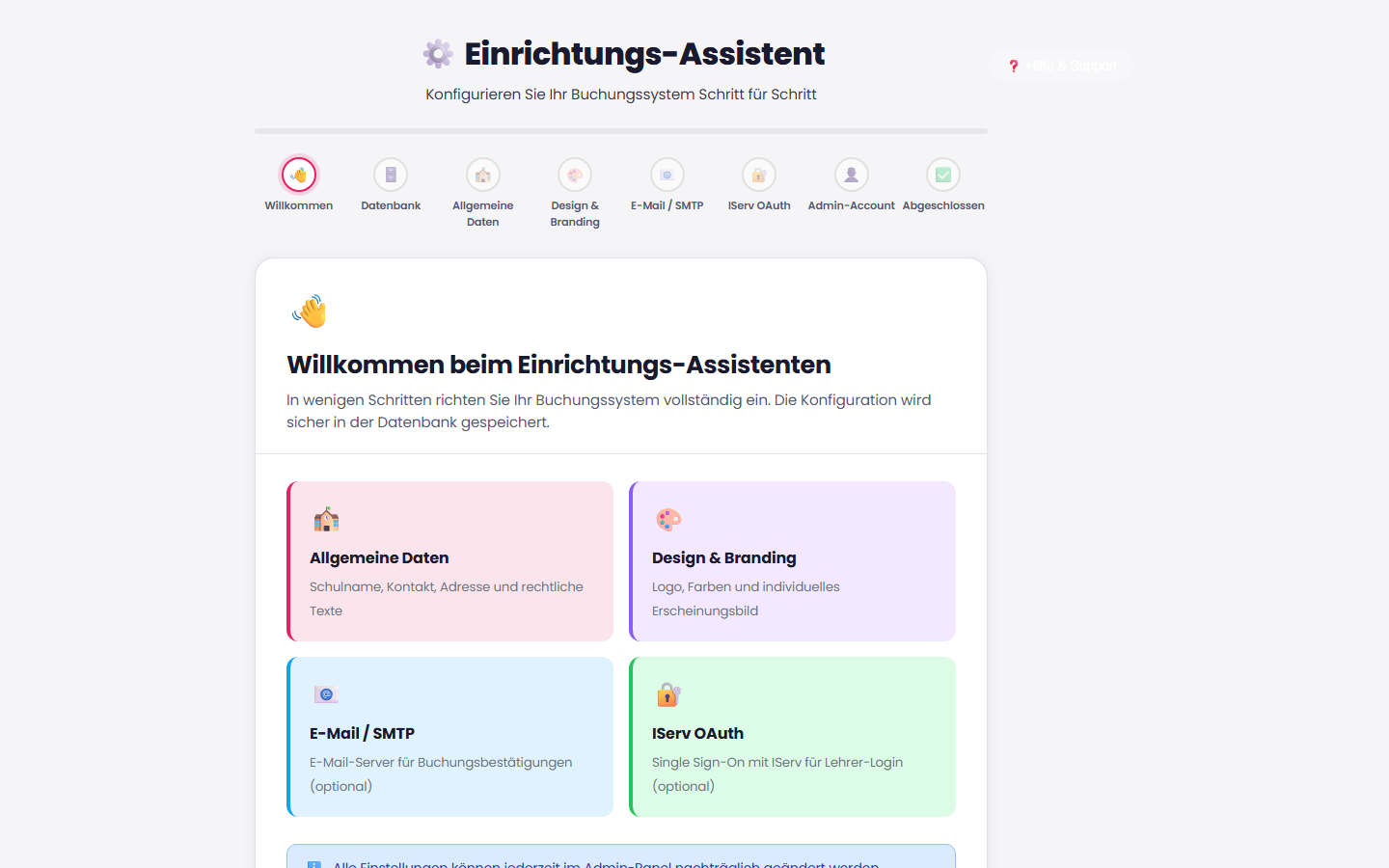 EduSlot Einrichtungs-Assistent mit geführten Schritten zur Konfiguration